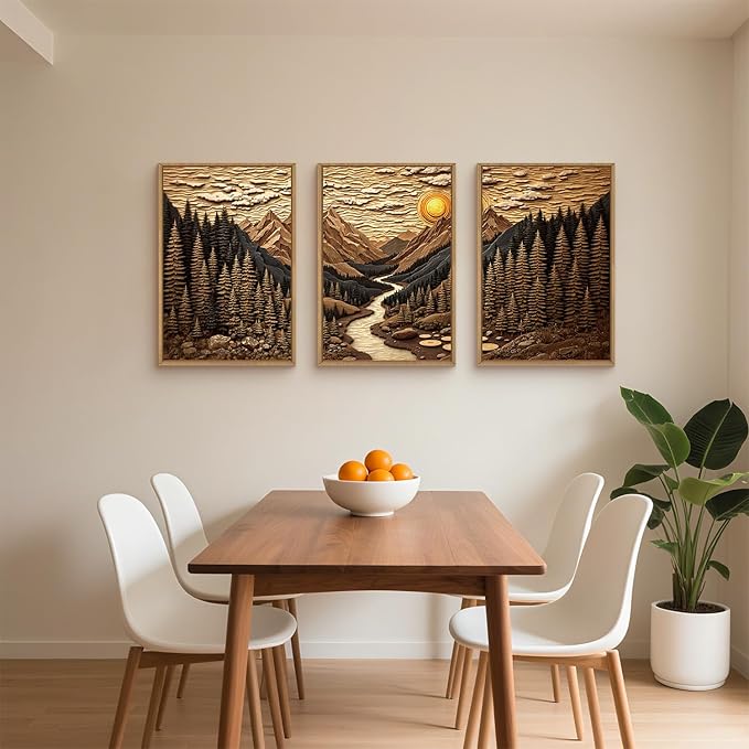 HPINUB Abstract Landscape Mountain Canvas Wall Art Set, Vibrant Sun Forest Pine Tree Wall Decor, Wilderness Nature River Artwork Rustic Scenery Art Print for Living Room,Bedroom,Office-16 x24 x3