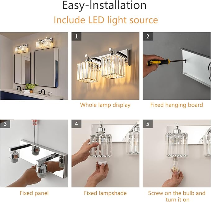 Modern Bathroom Vanity Light 2-Lights Chrome Crystal Bathroom Wall Light Vanity Light Fixtures，12.59-inch Modern Minimalist Design