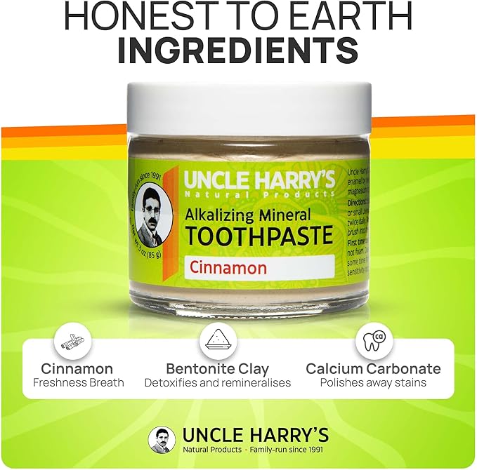 Uncle Harry's Pack of 2 Cinnamon Remineralizing Toothpaste | Natural Whitening Tooth Paste Freshens Breath & Promotes Enamel | Vegan Fluoride Free Toothpaste (2 Pack of 3oz Jars)