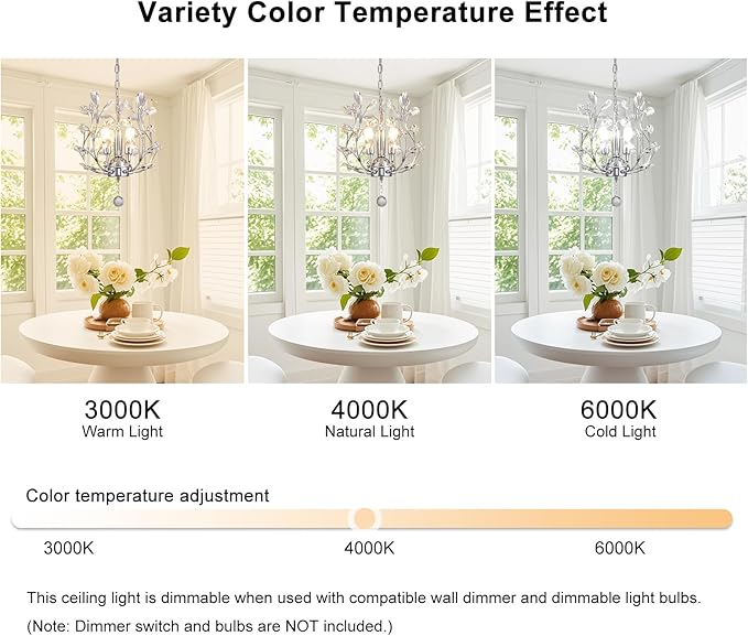 Ganeed 3-Light Branch Crystal Chandelier, Small Flush Mount Vintage Pendant Hanging Lighting, K9 Crystal Farmhouse Ceiling Light for Dining Room Bedroom Living Room Kitchen Hallway, Chrome Silvery