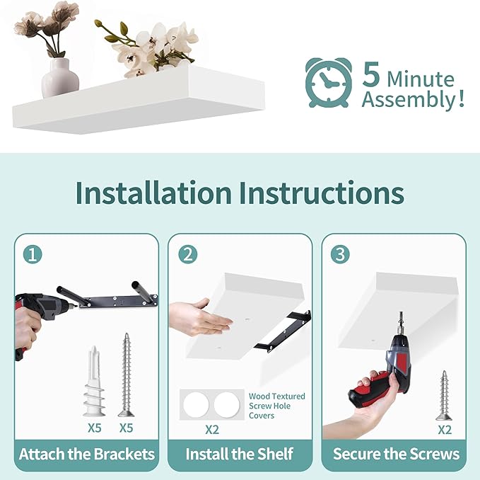 LaVie Home Floating Shelves, 36 Inch Wall Shelf Set of 2, Hanging Shelf with Invisible Brackets, Wall Decor for Bathroom, Bedroom, Living Room, Kitchen Storage, Modern White