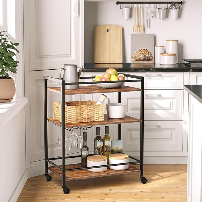 HOOBRO Bar Cart for The Home, Serving Cart with Wine Glass Hooks, Rolling Kitchen Cart with Lockable Wheels, 25.2 x 15.7 x 33.3 Inches Beverage Cart with Storage Shelves, Rustic Brown BF02TC01