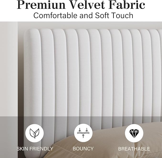 Queen Size Bed Frame with Headboard, Velvet Upholstered Platform Bed with Vertical Channel Tufted Design, No Box Spring Required, Easy Assembly, White
