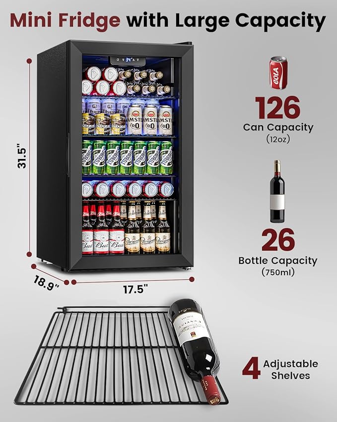 Wine Cooler Refrigerator - 26 Bottle 126 Can Mini Wine Fridge with Glass Door for Beer Soda Water Drink, Small Wine Cellar Beverage Refrigerator for Bedroom Office Home Bar Dorm, 3.2 Cu.Ft