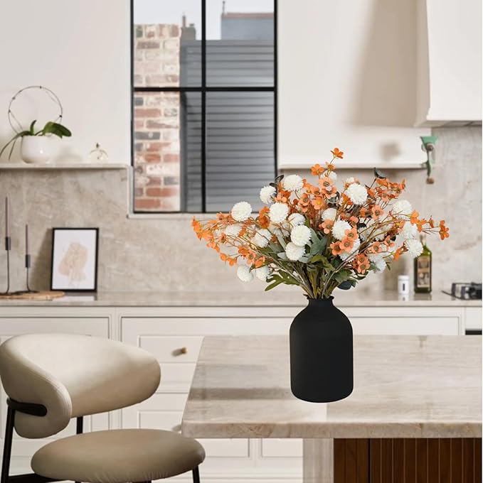 RyddeligHome Artificial White Kiku & Orange Wax Flowers, Bulk Silk Flowers with Long Stems for Vases, Spring Floral Stems Arrangements for Home Decor, Centerpieces for Tables, Rustic Decorations
