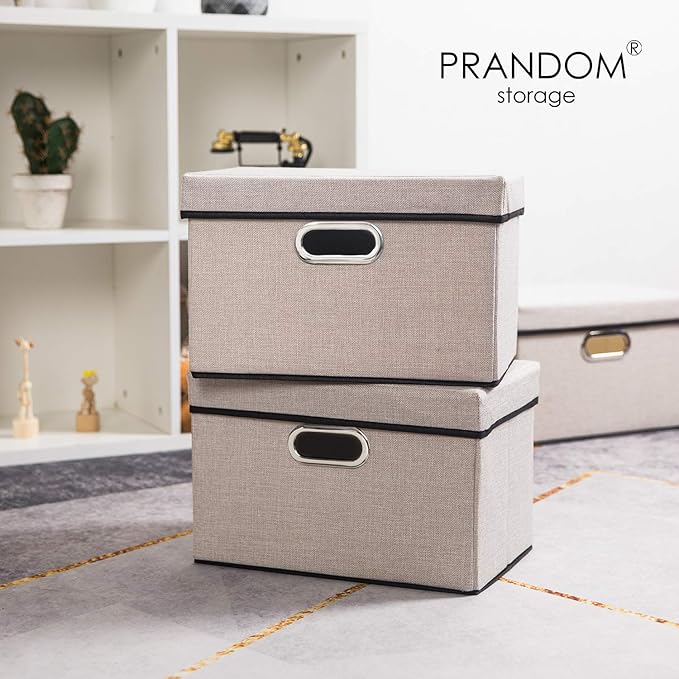 PRANDOM Foldable Storage Bin with Lid [5-Pack] Linen Fabric Decorative Storage Box Organizer Container Basket Cube with Handles Divider for Closet Office Living Room Light Grey(14.9x9.8x9.8)