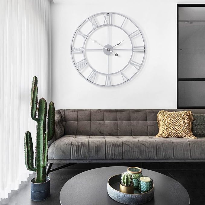 LEIKE 32" Large Modern Wall Clocks,Vintage,Round,Nearly Silent,Little Ticking,Battery Operated,Silver Metal Roman Numerals Clock for Living Room/Bedroom/Kitchen Wall Decor