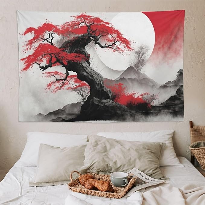 Cherry Blossoms Tapestry, Japanese Red Landscape Asian Watercolor Abstract Art, Bedroom Living Room Decor 90"x60"