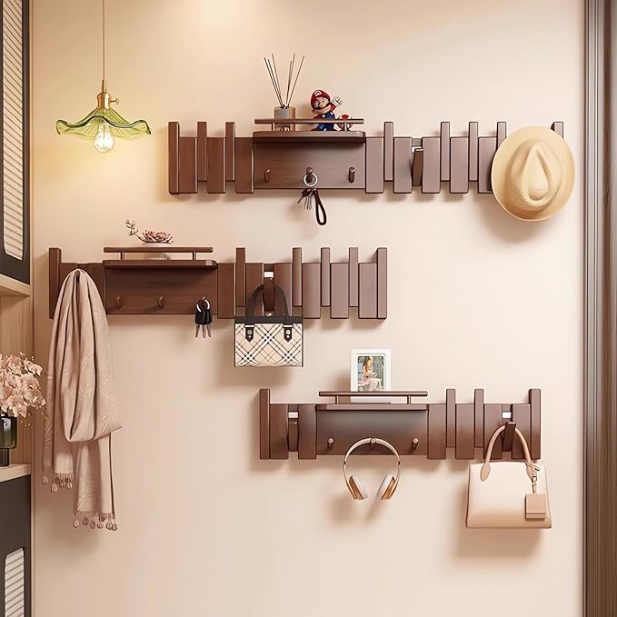 Wall Mounted Piano Key Hanger | Flip Style Hook | Entrance Wall Art Hook, Made of Oak Wood (3 Times Painted, 4 Times Polished) (Fence Walnut, 10Hooks)