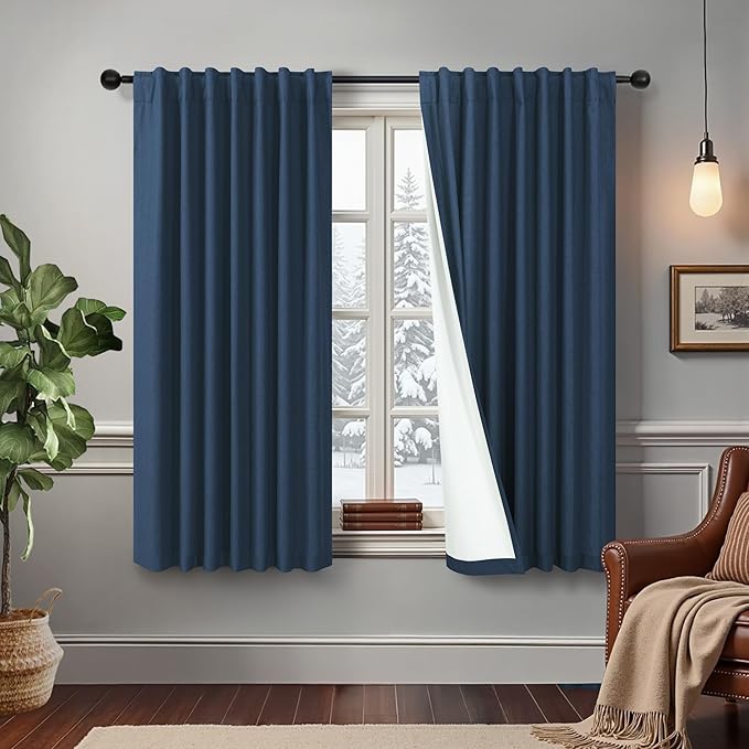 54 Inch Length Curtains for Bedroom Men Room Decor Darkening Back Tab Pleated Blackout Linen Insulated Curtain for Living Room Bathroom Wide Dark Navy Midnight Blue Drapes for Teen Boy 54 Long 2 Panel