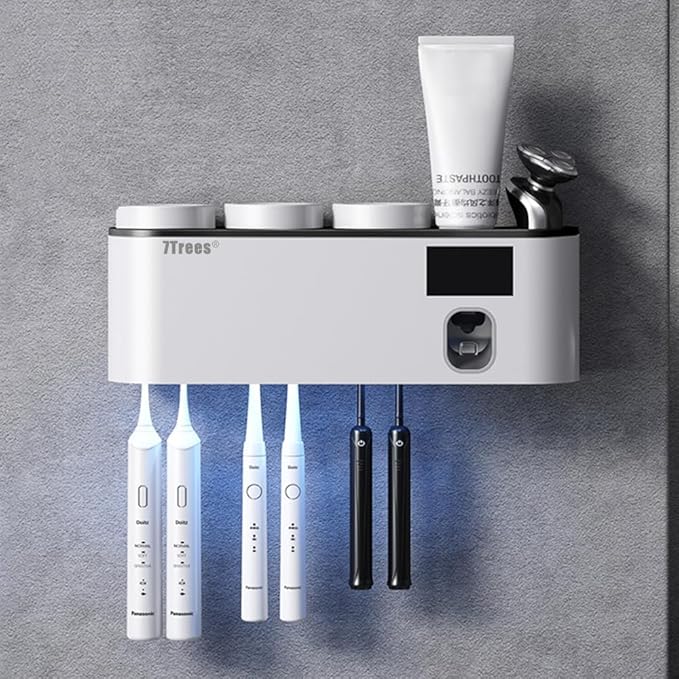 Toothbrush Cleaning Holder, Self Adhesive Toothbrush Holder with 3 Cups, Automatic Toothpaste Squeezer Dispenser Bathroom Accessories Set (White)