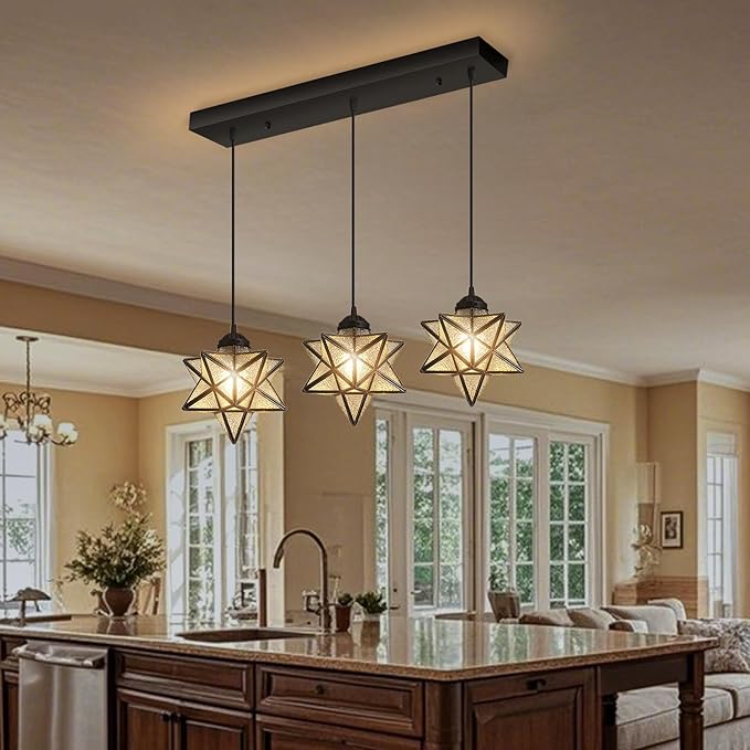 Modern Farmhouse Glam Chandelier Dining Room Glass Star Pendants Light Fixture Kitchen Island LED Ceiling Hanging Lights Included Warm Light Bulbs Black