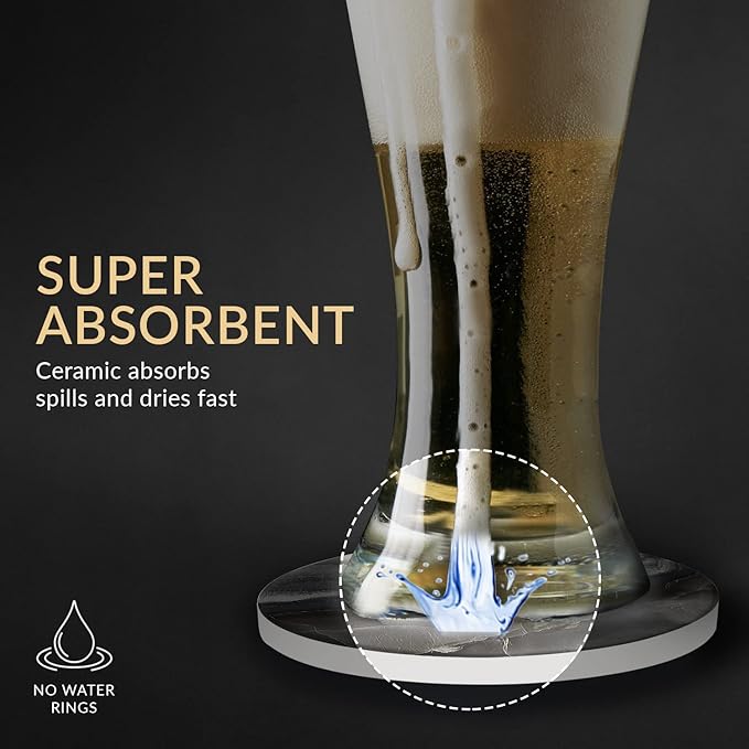 Emerson Coasters for Drinks Absorbent – Natural Stone Drink Coasters Set with Holder, Coasters for Coffee Table, Wooden Tabletop Protection Marble Style – 100% Heavy Duty Set of 6 (Graphite)