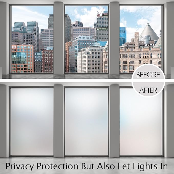 HIDBEA Frosted Window Privacy Film Non-Adhesive, Reusable Window Glass Films Heat Control Self Static Cling Removable Window Stickers for Home Office Living Room (Frosted, 55.1 Inch x 16.4 Feet)
