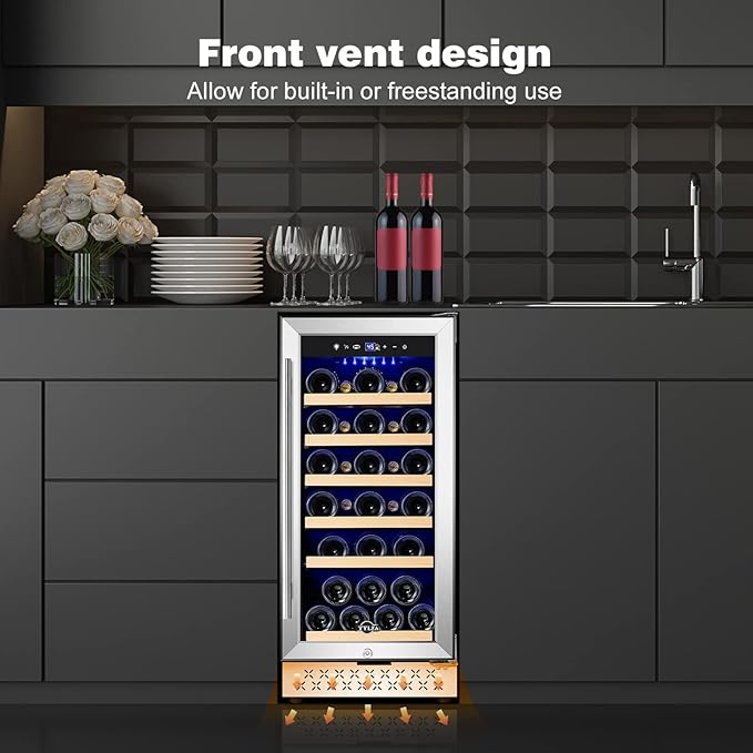 Tylza 15 Inch Wine Cooler Under Counter, 33 Bottle Built-in Wine Fridge with Stainless Steel Tempered Glass Door, Temp Memory Function, Freestanding Fast Cooling Wine refrigerator, Quiet Operation