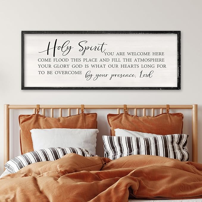 Holy Spirit You are Welcome Here Wall Decor Art 40x15 Inch Large Christian Song Bible Verse Plaque Wood Framed Sign Living Room Scripture Quote Religious For Office Wall Hanging (Black)