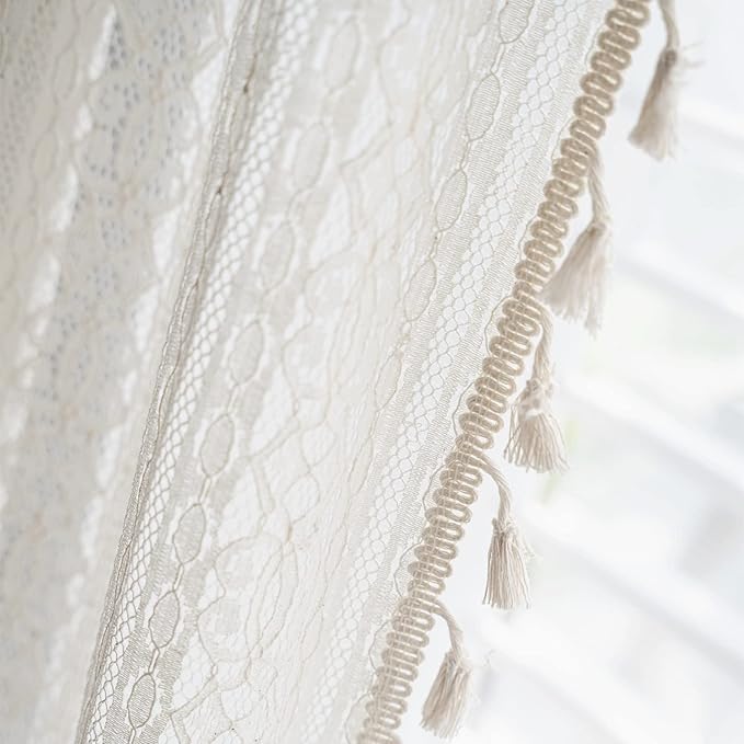 Sutuo Home Boho Curtain Crochet Lace Semi-Sheer Florals Hollow Knitted Handmade Tassels, Rod Pocket Window Treatment Vintage Rustic Farmhouse Drapes for Living Bedroom, 1 Panel 59" W x 108" L, Beige