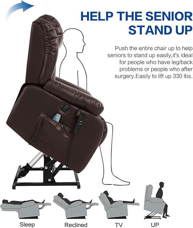 MAEVIS Power Recliner Chair, Lay Flat Sleeping Lift Chairs Recliner for Elderly with Heat and Massage,Comfy Real Breathable Leather Recliners with Dual OKIN Motor for Living Room (Brown)