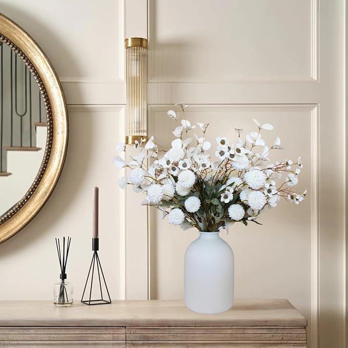 White Artificial Flowers Bulk for Vase That Look Real, White Flower Centerpiece for Table, Silk Floral for Home Decor Indoor, Faux Kiku + Eucalyptus Stems + Wildflowers, Flores Blancas Artificiales