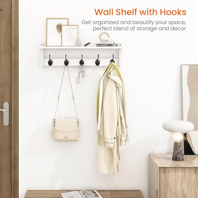 Homode Coat Rack with Wall Shelf and Hooks - 24 Inch Long, Wooden Hanging Coat Hanger with Hat Shelf for Entryway, Bathroom, Mudroom, White