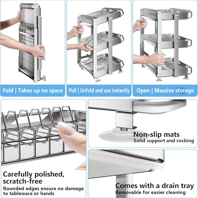 Dish Drying Rack with Drain Board - Rustproof Stainless Steel Dish Rack with Utensil Holder,Dish Racks for Kitchen Counter Over Sink,Over-Sink Drying Rack(Countertop,Third Floor)