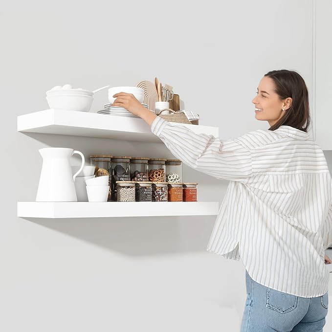 Heimlove 36 Inch Floating Shelves for Wall Set of 2,White Wall Shelves for Storage & Decor - Heavy Duty with Invisible Brackets,Perfect for Living Room,Bedroom,Home Office