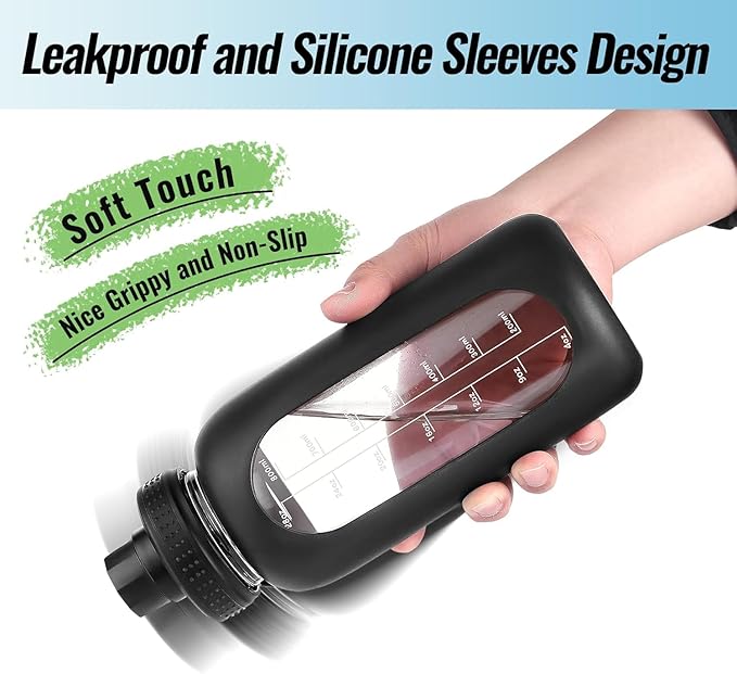 64 oz Glass Water Bottle With Straw and Handle, Half Gallon Sports Motivational Water Jug Flask with Silicone Sleeve, Large Water Cup with Time Marker for Travel, Gym, Dark Blue