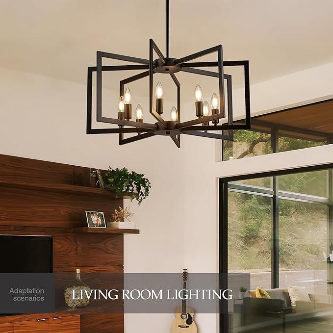 Modern Farmhouse Black Chandeliers for Dining Room, 8-Light Industrial Metal Chandeliers Geometric Pendant Lights Kitchen Island for Entryway Stairway Foyer Hallway