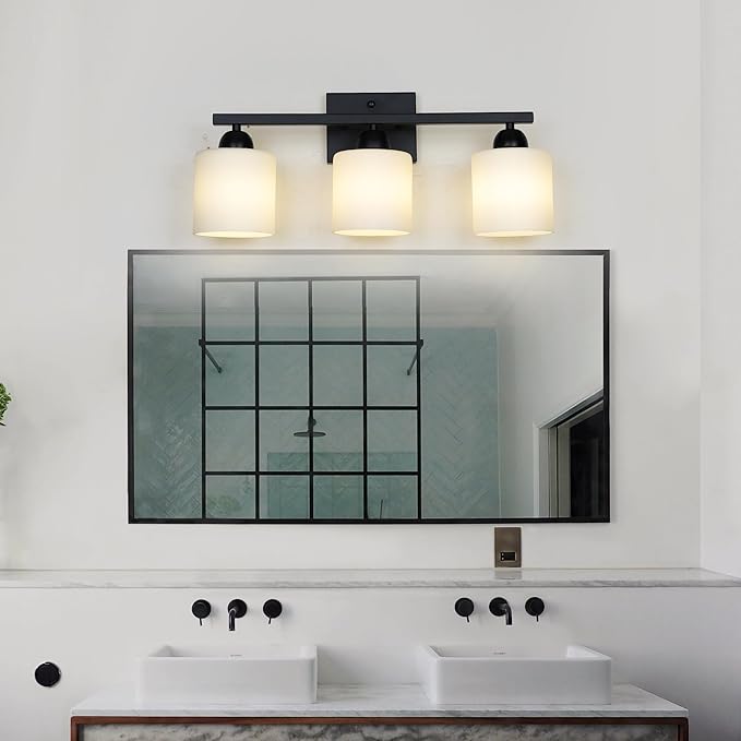 Milk Glass Vanity Lights for Bathroom, 3 Light Matte Black Bathroom Light Fixtures Over Mirror, Ceramic E26 Sockets Wall Mounted