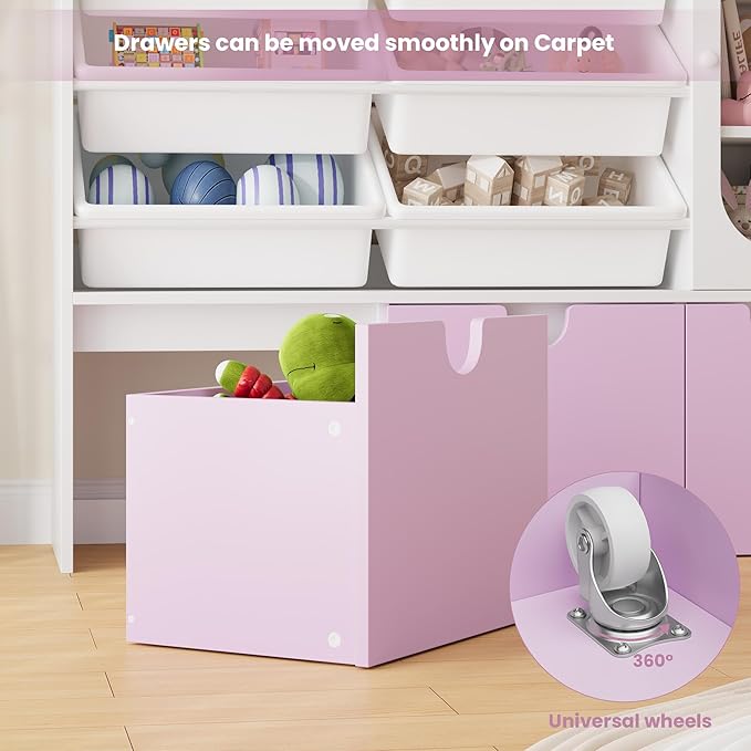 FOTOSOK Toy Organizers and Storage with Door, Playroom Organization, Bookshelf and Bookcase with 3 Drawers and 6 Mobile Bins, Toy Storage Organizer for Living Room