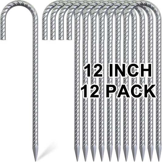 Rebar Stakes 12 Inch, 12 Pack Galvanized Tent Stakes Heavy Duty Ground Stakes, J Hook Metal Fence Stakes for Ground, Outdoor Decoration, Wire Fencing, Gardening