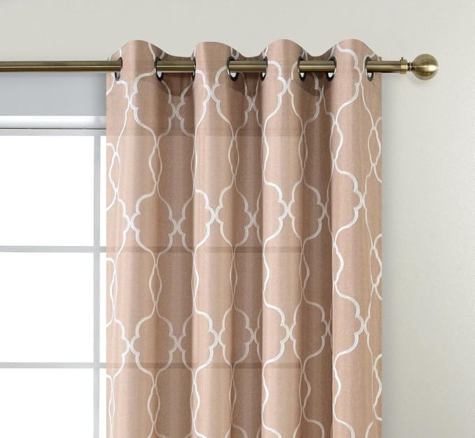 MIUCO Moroccan Embroidered Semi Sheer Curtains Faux Linen Wide Width Grommet Curtains for Bedroom 52 x 63 Inch 2 Panels, Taupe