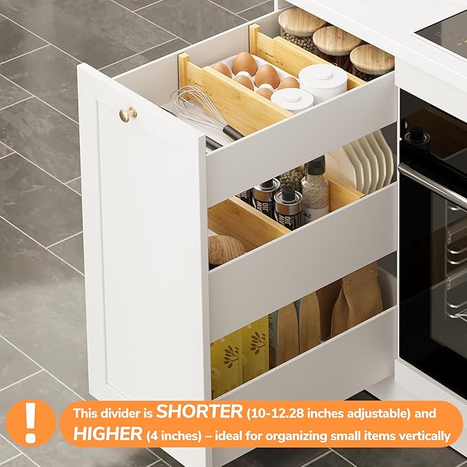 BAMEOS 4" High Bamboo Drawer Dividers - Adjustable Small Drawer Organizer - Kitchen, Dresser, Bathroom, Bedroom & Office - 4-pack