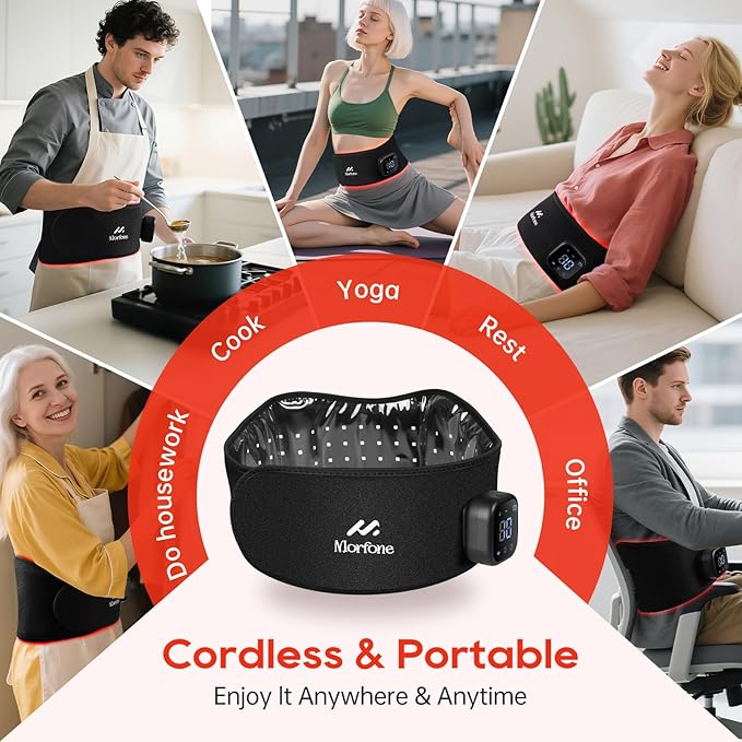 Morfone Red Light Therapy Belt, Cordless Infrared Light Therapy Pad for Body Heating Vibration Rechargeable Waist Wrap with Controller/Timer, 660nm&850nm, for Back Shoulder Muscle Pain Relief
