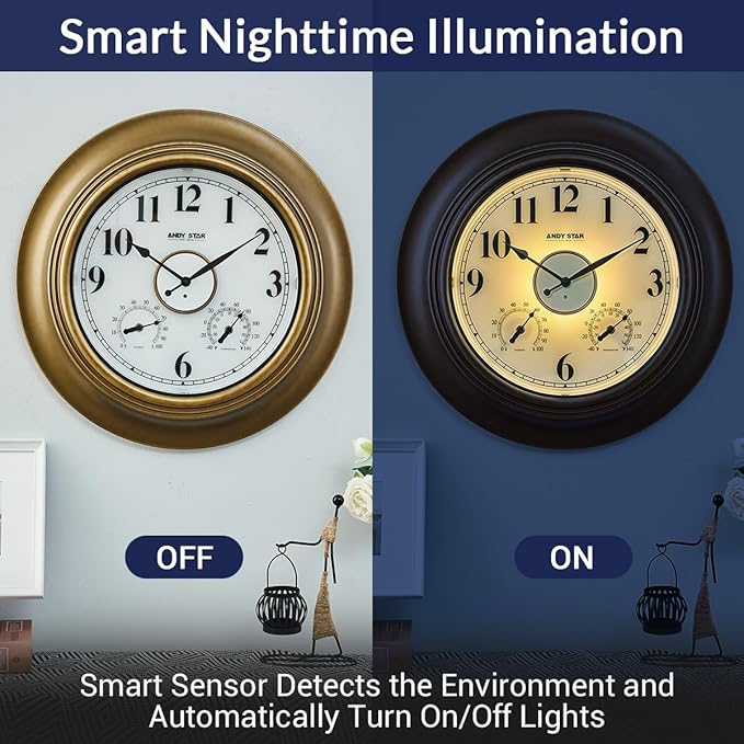 ANDY STAR 21 Inch Outdoor Clocks Waterproof, Large Outdoor Wall Clocks for Patio with Thermometer, Weatherproof Illuminated Clock Battery Operated with Thermometer&Hygrometer, Gold Metal Finish