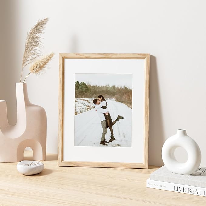 11x14 Picture Frame Natural Solid Oak Photo Frames with 8x10 Removable Mat Wall Hanging Large Handcrafted Frame with HD Plexiglass Wall and Tabletop Display Large Poster Frame