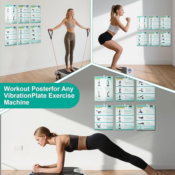 Vibration Plate Exercise Machine Poster - Upgraded 6 Workout Guidance & 10 Pcs Planner & 10 Pcs Double-Sided Clips, Comprehensive Whole Body Wave Vibrating Workout Chart, Pink