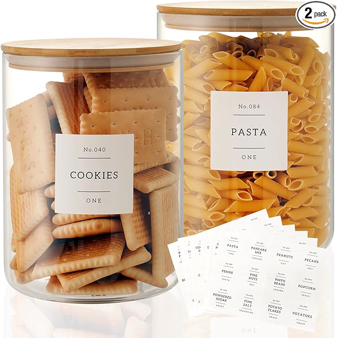 Set of 2 Large Glass Flour and Sugar Containers - 100 Fl oz Thicken Glass Storage Jars with Airtight Bamboo Lid and 132 Kitchen Pantry Labels - Big Clear Rice Containers Farmhouse