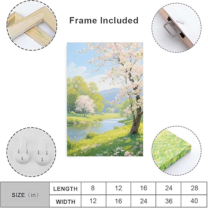 The scenery of a stream between trees and cherry blossoms under the blue sky is suitable for posting in the living room bedroom office landscape posters