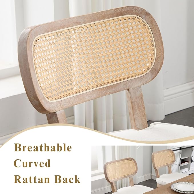 Rattan Dining Chairs Set of 2, Linen Fabric Farmhouse Dining Room Chairs with Cane Back Curved Backrest Kitchen Chairs Rustic Armless Side Chairs for Dining/Living Room/Restaurant, Beige