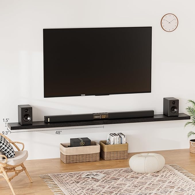 Heimlove Floating Shelves for Wall 48 Inches Long,9.3" Deep Black Floating Shelf Set of 2,Wall Mounted Wood Shelves for Bathroom Bedroom Living Room Kitchen Office,Shelf for Books Storage Room Decor