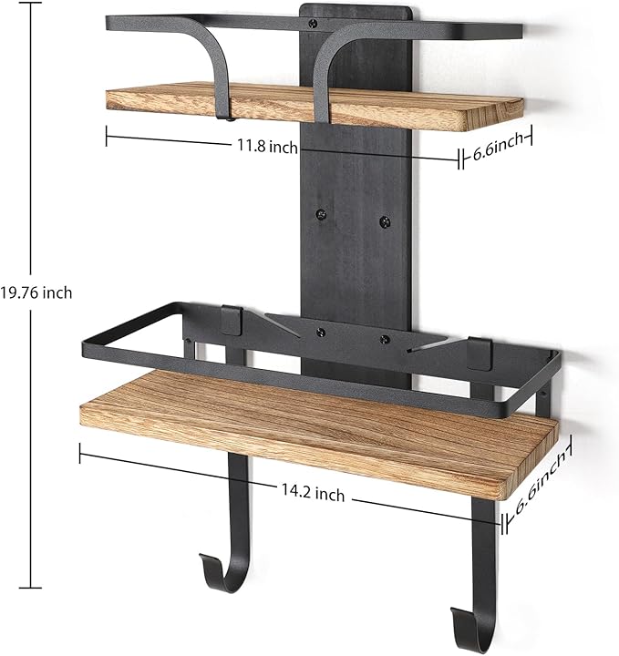VINAEMO Ironing Board Hanger Wall Mount, 2-Layer Iron and Ironing Board Holder, Laundry Room Shelves Solid Wood with Removable Hooks Home Organization and Storage