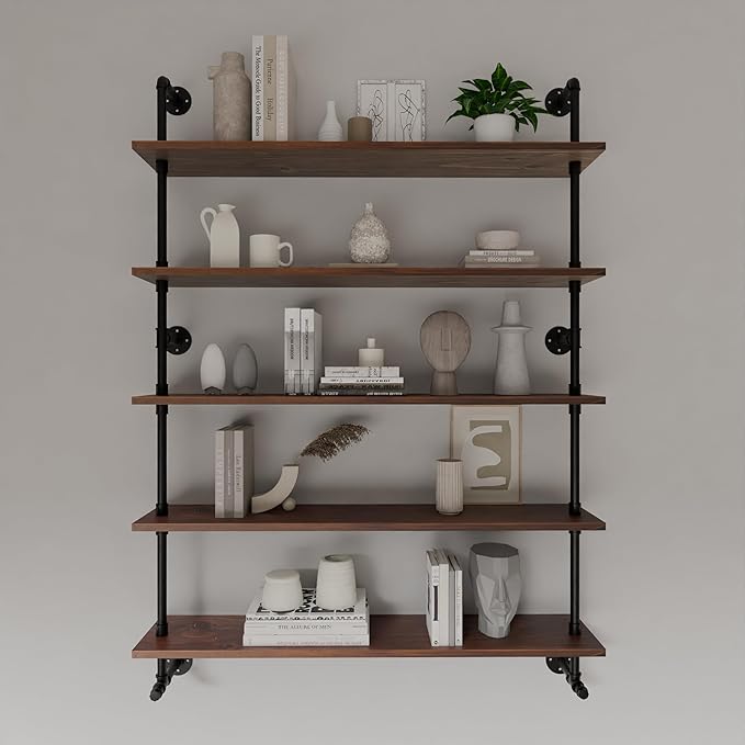 Industrial Pipe Wall Shelves Pipe Shelving with Real Wood Plank ,48 Inches Floating Shelves for Wall Farmhouse Pipe Book Shelves Dark Brown 5 Tier for Kitchen,Living Room Decor and Bar Shelving