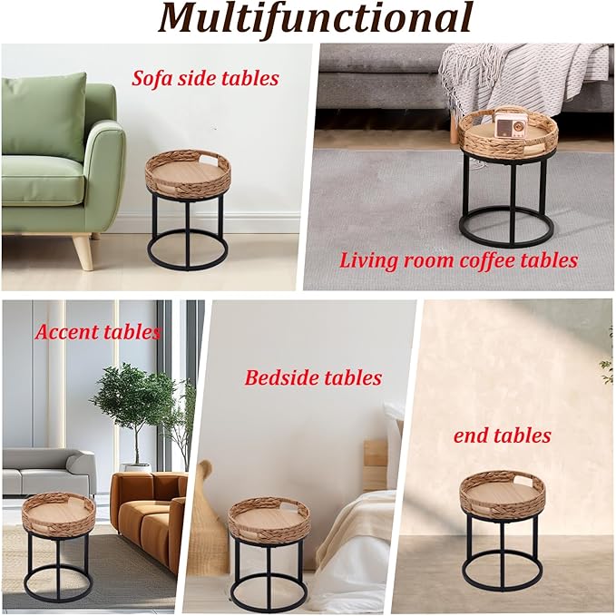 Nesting Coffee Table, Small Round Stacking Side Table with Metal Frame, Modern End Table for Living Room Bedroom Office Balcony (Rattan, 1)