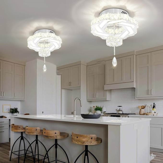 Flashing God 16 Inch Mini Chandelier Modern Crystal Chandeliers Light Semi Flush Mount Ceiling Light Fixture Small Silver Chandelier for Bedroom Hallway Kitchen Foyer