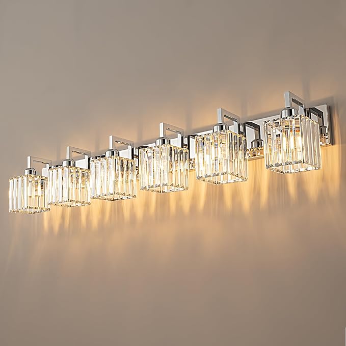 Modern Bathroom Vanity Light 6-Lights Chrome Crystal Wall Lamp Bathroom Modern Crystal Vanity Lighting