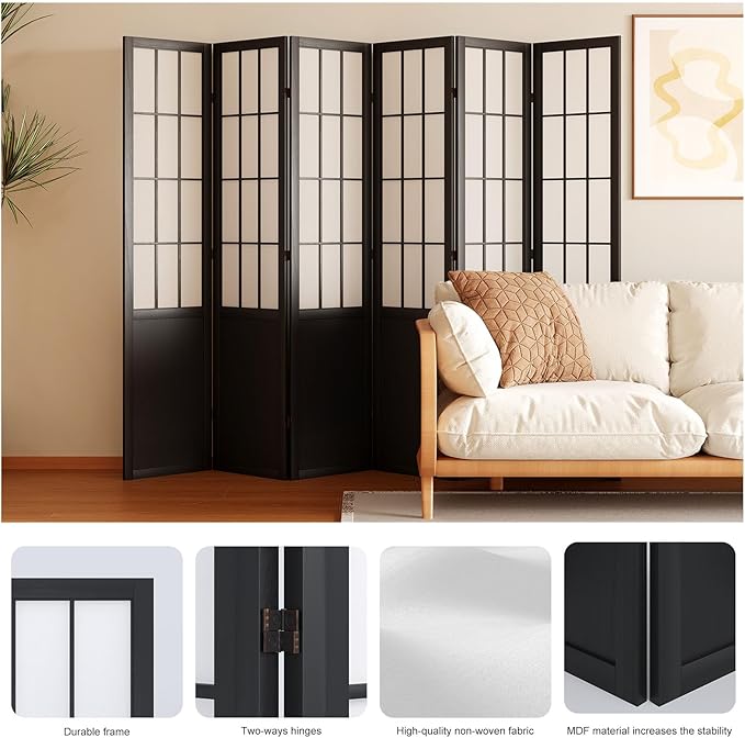 Room Divider, 66.9Inch Tall Japanese Shoji Style Folding Wood Screen with Double Hinges for Home Office Bedroom Hotel Decoration (6Panels, Black)