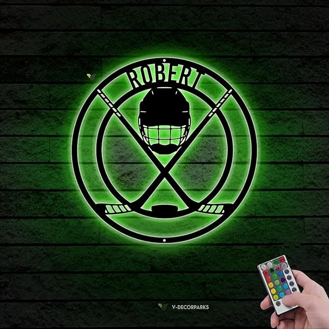 Personalized Hockey LED Wall Sign – Custom Name Light with Helmet, Sticks & Puck, 16-Color LED with Remote Control Neon Signs For Wall Decor, Hockey Decor for Boys Room, Man Cave