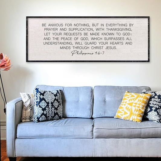 LuZhiQiang Be Anxious for Nothing Wall Decor 40"×15" Philippians 4:6-7 Bible Verse Sign Large Christian Scripture Wood Framed Hanging Decor (Black)