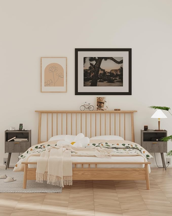 Nightstand,Modern Bedside Table with Storage Drawer and Open Wood Shelf, Accent Night Stand with Solid Wood Legs for Living Room, Bedroom and Small Spaces,Easy Assembly (Grey Oak-Outlet)